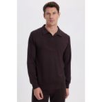 Erkek Relax Fit Rahat Kesim Polo V Yaka Kahverengi Sweatshirt