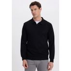 Erkek Relax Fit Rahat Kesim Polo V Yaka Siyah Sweatshirt