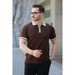 Erkek Renkli Yaka Kısa Kollu Tişört - Acı Kahve - XL
