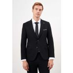 Erkek Siyah Basic Düz Slim Fit 3'lü Takım Elbise Slim Fit Gömlek Düz Kravat