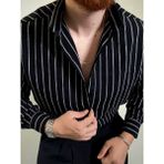 Erkek Siyah Beyaz Dikey Çizgili Yarım Oversize Gömlek Modern Tarz, Nefes Alan Ince Kumaş Şık - XL