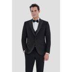 Erkek Siyah Dar Kesim Slim Fit Viskon Şal Yaka Fleto Kapaklı Cep Çift Yırtmaçlı 6 Drop Smokin Takım Elbise