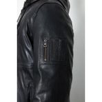 Erkek Siyah Deri Kaban - Hakiki Deri, Kürk Astar, Fermuarlı ve Çıtçıtlı, Kapüşonlu, Vintage Stil