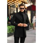 Erkek Siyah Dik Yaka Uzun Kaşe Kaban - 4XL