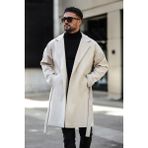 Erkek Siyah Kemerli Oversize Rahat Kesim Kaşe Kaban - Beyaz