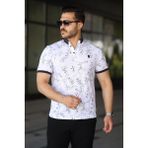 Erkek Siyah Mavi Yaprak Desenli Slim Fit Polo Yaka Tişört - 2529 - Beyaz - Mavi