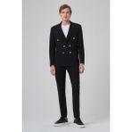 Erkek Siyah Poliviskon Trend Çizgili Slim Fit Sivri Yaka Kruvaze Takım Elbise - 6 Drop - 48
