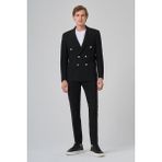 Erkek Siyah Poliviskon Trend Çizgili Slim Fit Sivri Yaka Kruvaze Takım Elbise