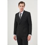 Erkek Siyah Poliviskon Trend Düz Slim Fit Sivri Yaka Kruvaze Takım Elbise - 6 Drop - 44