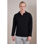 Erkek Siyah Polo Yaka Uzun Kollu Jakar Sweatshirt