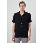 Erkek Siyah Trend Keten Regular Fit Apaş Yaka Kısa Kol Gömlek
