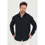 Erkek Slim Fit Dar Kalıp Uzun Kol Pamuklu Keten Efekt Gömlek - Siyah - XL