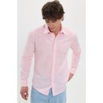 Erkek Slim Fit Dar Kesim %100 Pamuk Çizgili Uzun Kollu Keten Efektli Mercan Rengi Gömlek