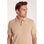 Erkek Slim Fit Dar Kesim %100 Pamuk Fermuarlı Bej Polo Yaka Tişört - 2XL