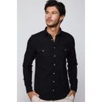 Erkek Slim Fit Dar Kesim %100 Pamuk Keten Doku Çift Cep Spor Yaka Siyah Gömlek