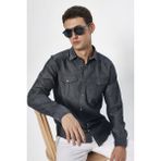 Erkek Slim Fit Dar Kesim Denim Kot Yıkamalı Çift Cepli İndigo Spor Yaka Gömlek