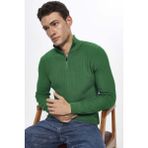 Erkek Slim Fit Dar Kesim Dik Yaka Fermuarlı Yeşil Kazak