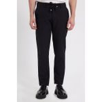 Erkek Slim Fit Dar Kesim Gofre Kumaş Beli Bağcıklı Çizgili Siyah Pantolon