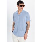 Erkek Slim Fit Dar Kesim Kısa Kollu Örme Doku Apaş Yaka Mavi Gömlek - XL
