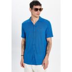 Erkek Slim Fit Dar Kesim Kısa Kollu Örme Doku Apaş Yaka Saks Mavi Gömlek - XL