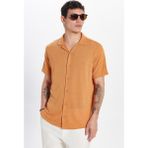 Erkek Slim Fit Dar Kesim Kısa Kollu Örme Doku Apaş Yaka Turuncu Gömlek