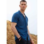 Erkek Slim Fit Dar Kesim Kısa Kollu Örme Kumaş Indigo Apaş Yaka Gömlek