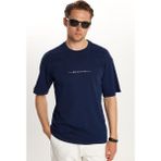Erkek Slim Fit Dar Kesim Pamuklu Baskılı Lacivert Bisiklet Yaka Tişört