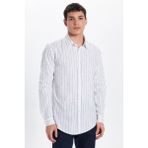Erkek Slim Fit Dar Kesim Uzun Kollu %100 Pamuk Keten Doku Çizgili Gömlek