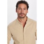 Erkek Slim Fit Dar Kesim Uzun Kollu %100 Pamuk Keten Doku Hakim Yaka Bej Gömlek
