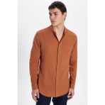 Erkek Slim Fit Dar Kesim Uzun Kollu %100 Pamuk Keten Doku Hakim Yaka Kiremit Renk Gömlek