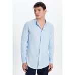 Erkek Slim Fit Dar Kesim Uzun Kollu %100 Pamuk Keten Doku Hakim Yaka Mavi Gömlek