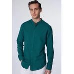 Erkek Slim Fit Dar Kesim Uzun Kollu %100 Pamuk Keten Doku Hakim Yaka Yeşil Gömlek