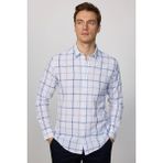 Erkek Slim Fit Dar Kesim Uzun Kollu %100 Pamuk Keten Doku Kareli Gömlek