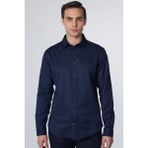 Erkek Slim Fit Dar Kesim Uzun Kollu Pamuklu Armürlü Tek Cepli Lacivert Gömlek