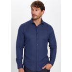 Erkek Slim Fit Dar Kesim Uzun Kollu Pamuklu Kolay Ütü Armürlü Lacivert Gömlek