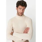 Erkek Slim Fit Dar Kesim Yumuşak Dokulu Tüylenmeyen Bej Tam Balıkçı Yaka Triko Kazak