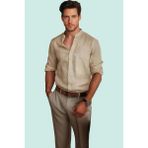 Erkek Slim Fit Hakim Yaka Keten Görünümlü Gömlek Basic Siluet Günlük Kullanım Modern Tasarım - XL - Taş