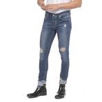 Erkek Slim Fit Katlama Paçası Yazılı Yırtık Detaylı Düz Renk Jean Kot Pantolon LACİVERT 28