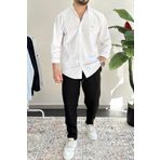 Erkek Slim Fit Keten Görünümlü Pamuklu Gömlek Beyaz Edw087