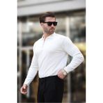 Erkek Slim Fit Polo Yaka Fermuarlı Fitilli Triko Kazak - 4001 - Beyaz - 2XL