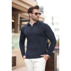 Erkek Slim Fit Polo Yaka Fermuarlı Fitilli Triko Kazak - 4001 - Lacivert