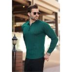 Erkek Slim Fit Polo Yaka Fermuarlı Fitilli Triko Kazak - 4001 - Zümrüt Yeşili - 2XL