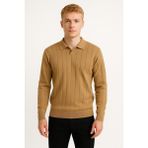 Erkek Slim Fit Polo Yaka Fitilli Triko Kazak -26107 - Camel - 2XL