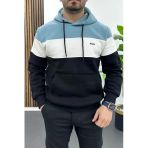 Erkek Slim Fit Renk Bloklu Kapüşonlu Sweatshirt Açık Mavi Edw438