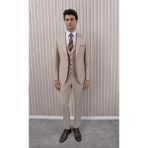 Erkek Slim Fit Sivri Yaka Yelekli Takım Elbise - 50 - Ekru