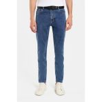 Erkek Slim Fit Yıkamalı Taşlamalı Esnek Kot Düz Paça Tapered Açık Mavi Pantolon
