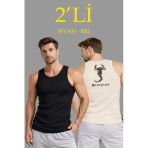 Erkek Spor Fitilli Atlet 2'Li Set Siyah Ve Bej Slim Fit Kaşkorse Arka Baskılı Spor Atlet