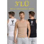 Erkek Spor Fitilli Kaşkorse Arka Basklı Atlet 3'lü Set Beyaz-Siyah-Kahverengi