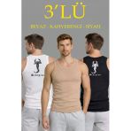 Erkek Spor Fitilli Kaşkorse Arka Basklı Atlet 3'lü Set Beyaz-Siyah-Kahverengi