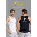Erkek Spor Slimfit Fitilli Kaşkorse Arka Basklı Atlet 2'li Set Siyah-Beyaz